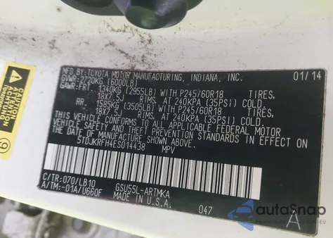 2014 Toyota Highlander Xle V6 из США, поврежденный, VIN 5TDJKRFH4ES014438